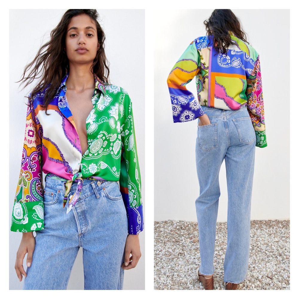 ZARA Artsy Crop Top with Tie-Front Bell Sleeve Detail XS